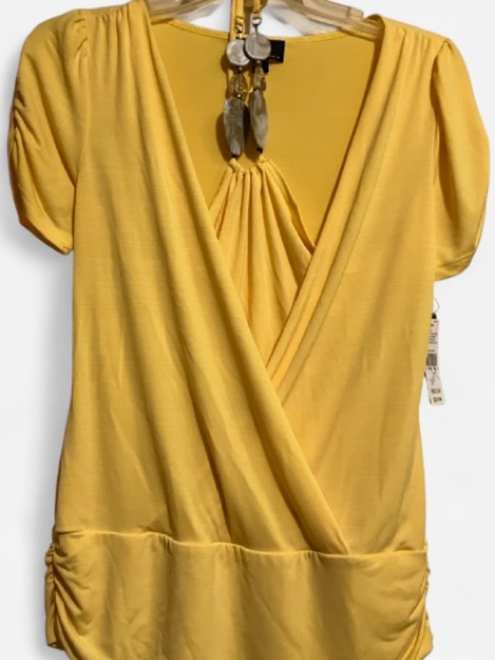 Byline by Byer California Yellow Faux wrap blouse w/ beaded pendant M (NWT)